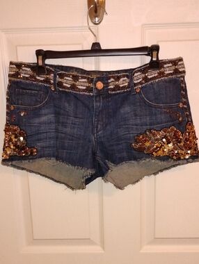 Express Dark Blue Denim Shorts with Gold Sequin Embellishment